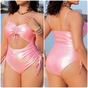 Plus Size Pink Metallic Cut Out Swimsuit